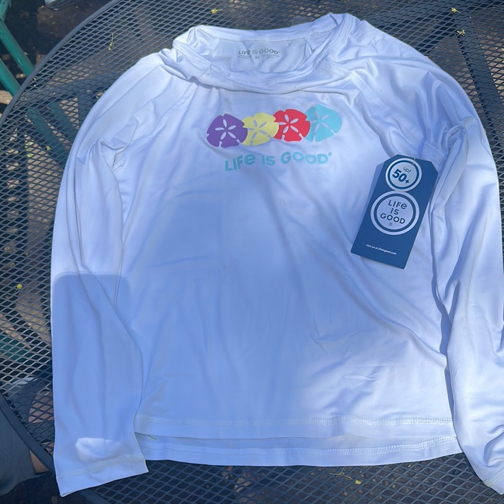 Life Is Good White and Purple Rashguard with Floral Accents